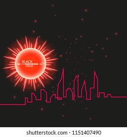 Black Friday sale and sun poster or banner. Glowing colorful circle with red light effect on black abstract background. Design template for shopping. Black Background with an Abstract City Skyline