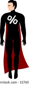 Black friday sale superhero with white percent sign on his chest, in black costume with red cloak