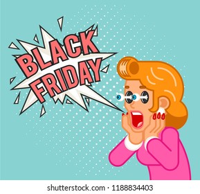 Black friday sale surprised female customer girl character shocked woman scream wow commercial business offer design flat vector illustration