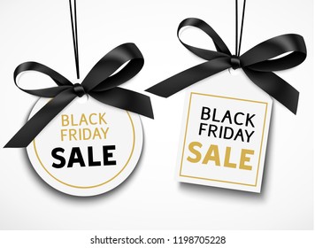 Etiqueta de venda Black Friday com laço preto para o seu design. Conjunto de vetores de etiquetas de desconto