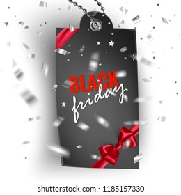 Black friday Sale Tag of black color with red realistic bow, Label, card for holiday template. Vector illustration