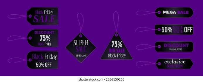 Black Friday sale tag. Discount badge vector icon. Special banner with 50 and 75 price offer for holiday. Horizontal text on elegant best deal card collection. Gift shopping promo sign isolated