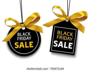 Black friday sale tag with golden bow for your design. Vector set of holiday discount labels