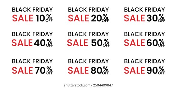 Black Friday Sale tag, icon or label set from 10 to 90 percent. Vector price off icons white isolated background.