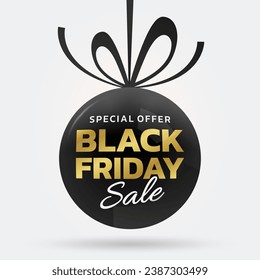 Black Friday sale tag, label or badge with ribbon bow. 3d discount ball design. Price off, promotion, special offer background or banner template. Vector illustration.