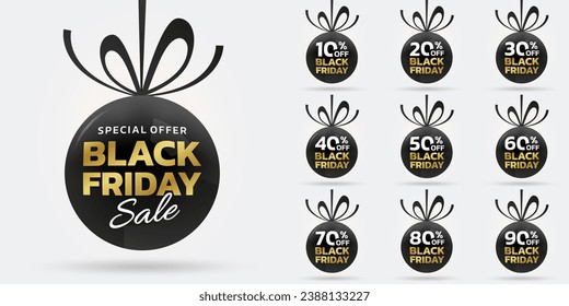 Black Friday sale tag, label or badge set. Discount 3d ball with ribbon bow design. 10, 20, 30, 40, 50, 60, 70, 80, 90 percent price off. Promotion, marketing background or banner template. Vector.