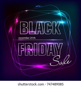 Black Friday sale black tag, ovals and stripes, abstract background, round banner, advertising, vector illustration. Neon glow gradient. Template for banner or poster