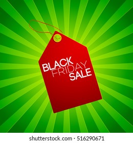 Black friday sale tag in red color at the center with green striped background vector illustration