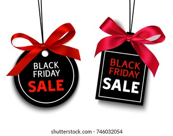 Black friday sale tag with red bow for your design. Vector set of decorative discount labels