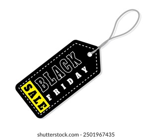 Black Friday Sale tag with rope Vector illustration. Promotion tags isolated, Discount and Price off banner design, badge sale tags, black tags, Sale black Friday design.