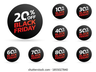 Black Friday sale tag or sticker set. 10,20,30,40,50,60,70,80,90 percent price off. Discount badge, label for promo banner design. Vector illustration.