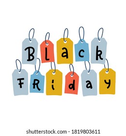 Black Friday Sale tags for promotion. Discount and Price off banner or badge. Vector flat hand drawn illustration. Each letter on separate colorgul tag