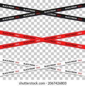 Black friday sale tape. Banner of black friday on red and white background. Stripes with border for sale. Horizontal ribbon of discount and promotion. Flyer for shopping, market and store. Vector.