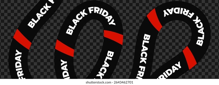 Black Friday sale tape with bold white text and red stripe. Transparent background for ecommerce promo banners, online shopping ads, retail discount campaigns. Vector illustration.