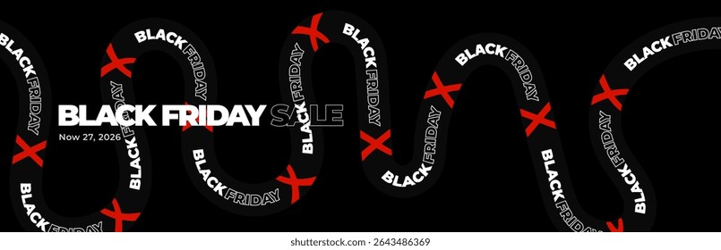 Black Friday sale tape with bold text and red X marks. Great for ecommerce ads, digital product banners, UI design, online shopping content, retail promo campaigns. Vector illustration.