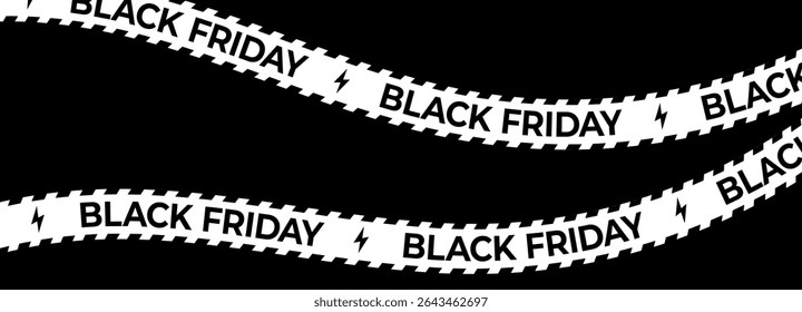Fita de venda Black Friday com ícones de relâmpago. Bold faixa branca para anúncios de comércio eletrônico, promo de compras on-line, faixa de desconto de varejo, design de campanha do site. Ilustração vetorial.