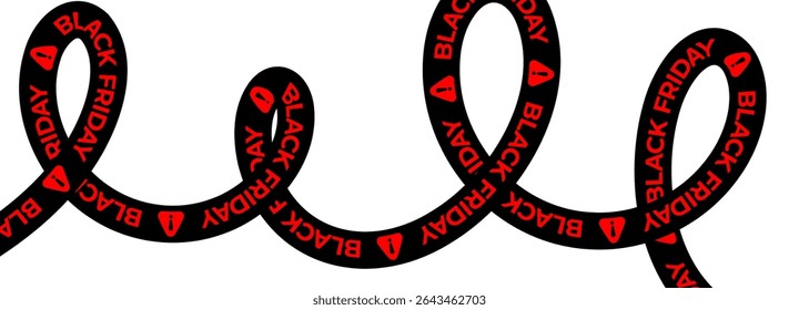 Black Friday sale tape with red warning icons. Bold typography for promo campaigns, ecommerce ads, online stores, urgent discount offers. White background, curved ribbon layout. Vector illustration.