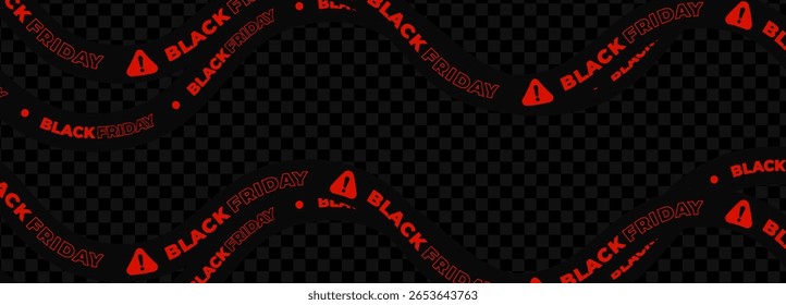 Black Friday sale tape, red warning icons, wavy ribbon, bold curved stripe, transparent background. Ecommerce promo, digital product design, UI content. Vector illustration.