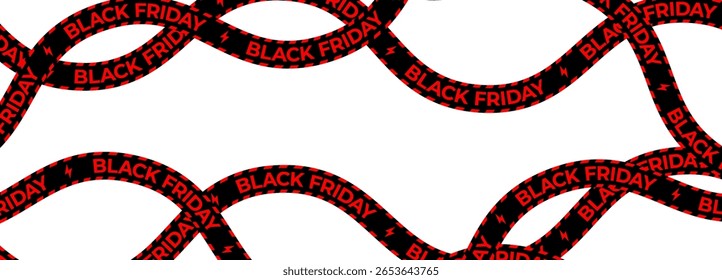 Black Friday sale tape, red lightning icons, bold wave ribbon, curved stripe with typography for ecommerce promo, digital product UI, online marketing. Vector illustration