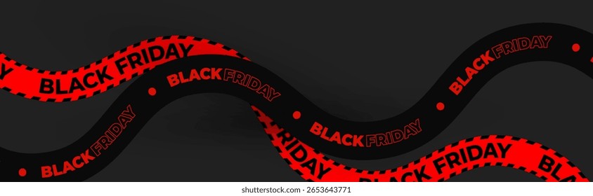 Black Friday sale tape, red black ribbon, bold text on curved wave shape for Ecommerce ads, UI design, promo visuals, digital product content. Vector illustration