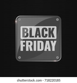 Black Friday sale techno background, online shopping and marketing concept, technology vector illustration with glass transparent plate. Retailing and discount theme. Business flyer, poster template.