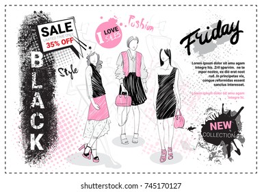 Black Friday Sale Template Brochure With Hand Drawn Fashion Models And Copy Space, New Collection Of Clothes Discounts Concept, Shopping Poster Vector Illustration