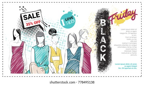 Black Friday Sale Template Brochure With Hand Drawn Fashion Models And Copy Space, New Collection Of Clothes Discounts Concept, Shopping Poster Vector Illustration