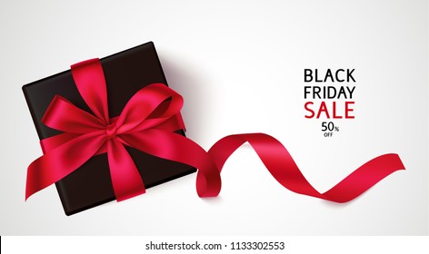 Black friday Sale template design. Vector background with black gift and red bow and long ribbon