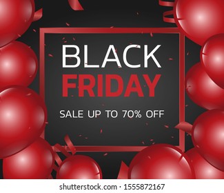 Black Friday sale template design with red metal  frame, red balloon, confetti, black background. Special seasonal offers, big discount. Vector illustration.