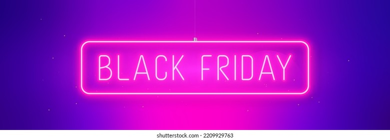 Black Friday Sale template design. Hanging glowing frame with text. Pink and violet gradient horizontal banner for Black Friday. 