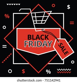 Black Friday sale template. Design  for banner, flyer, advertising. Memphis style. Vector illustration.