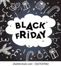 Black Friday Sale, template with doodle decorative elements on chalkboard background, vector illustration