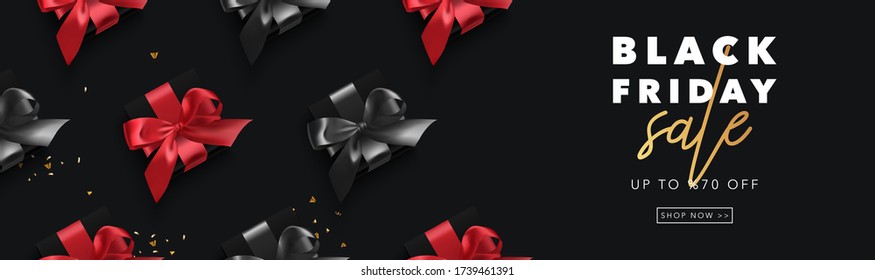 Black Friday sale template with gift box, black and red ribbon, confetti. Vector illustration background for banner, poster, cover, header, website, social media.