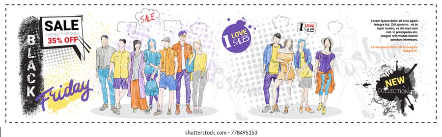 Black Friday Sale Template Horizontal Banner With Hand Drawn Fashion Models And Copy Space, New Collection Of Clothes Discounts Concept, Shopping Poster Vector Illustration