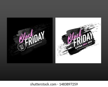 Black Friday sale template or poster design with different discount offer on black and white brush stroke color background.