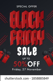 Black Friday Sale Template or Poster Design with 50% Discount Offer and Gift Boxes.