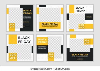 Black friday sale template. Set of Editable minimal square banner template. Black and yellow background color with shape. Suitable for social media post and web ads.