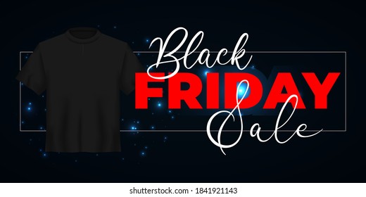 Black Friday sale template with black t-shirt. Design template poster, banner, shopping flyer frame with text. Promotion Vector illustration