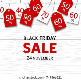 Black friday sale template. Vector discount tags on wood background and sale text