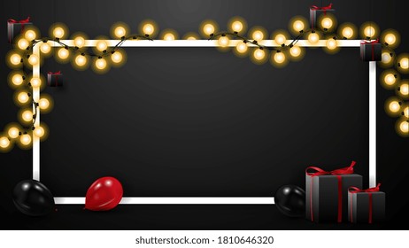 Black Friday Sale, black template for your arts with red and black balloons, presents, line frame with garland and copy space