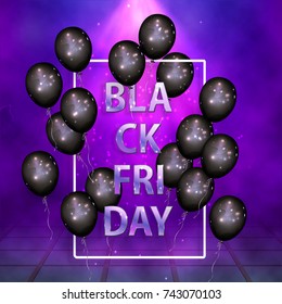 Black Friday, Sale. Text and black balls against the backdrop of the purple rays of the searchlight. Vector illustration