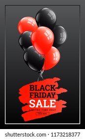 Black friday sale text banner on red brush paint and balloons vector design on dark background