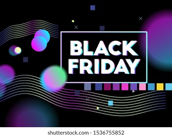 Black friday sale. Text. Border frame. Vector artwork. Trendy retro 80s, 90s style. Print, poster, banner. Blue, black, pink, yellow, green, purple colors.  Retrowave, synthwave, rave, vapor wave