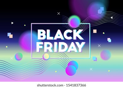 Black friday sale. Text. Border frame. Vector artwork. Trendy retro 80s, 90s style. Print, poster, banner. Blue, black, pink, yellow, green, purple colors.  Retrowave, synthwave, rave, vapor wave