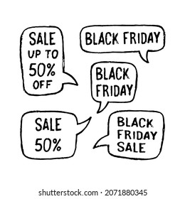 Black Friday Verkaufstext Cloud. Vektorgrafik im Stil eines Doodles. Für Werbegestaltung, Druck und Posting im Internet.