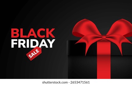 Black Friday Sale Text Over Black Background And Black Gift Box with Red ribbon bow. Suitable For Black Friday Business Holiday