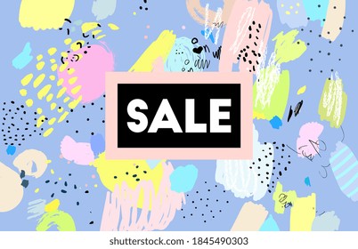 Black friday sale. Text. Paint banner. Brush, marker, pencil stroke. Vector illustration. Memphis, 90s, 80s retro style. Children, kids sketch drawing. Blue, black, pink, yellow, beige, green colors.