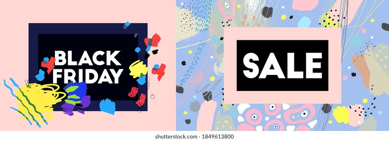 Black friday sale. Text. Paint banner. Brush, marker, pencil stroke. Vector illustration. Memphis, 90s, 80s retro style. Children, kids sketch drawing.  Blue, black, pink, yellow, beige, purple colors