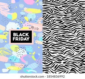 Black friday sale. Text. Paint banner. Brush, marker, pencil stroke. Vector illustration. Memphis, 90s, 80s retro style. Children, kids sketch drawing. Blue, black, pink, yellow, beige, white colors.