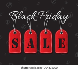 Black friday sale text with red tags on dark holiday background. Black friday sale vector illustration. 